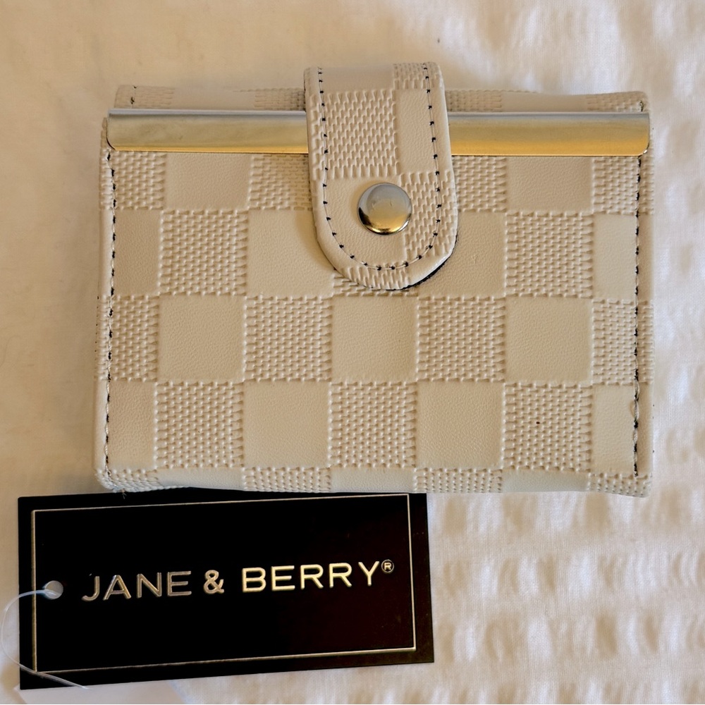 Jane & Berry Off White Checkered Tri Fold Wallet with Zippered Coin Pocket